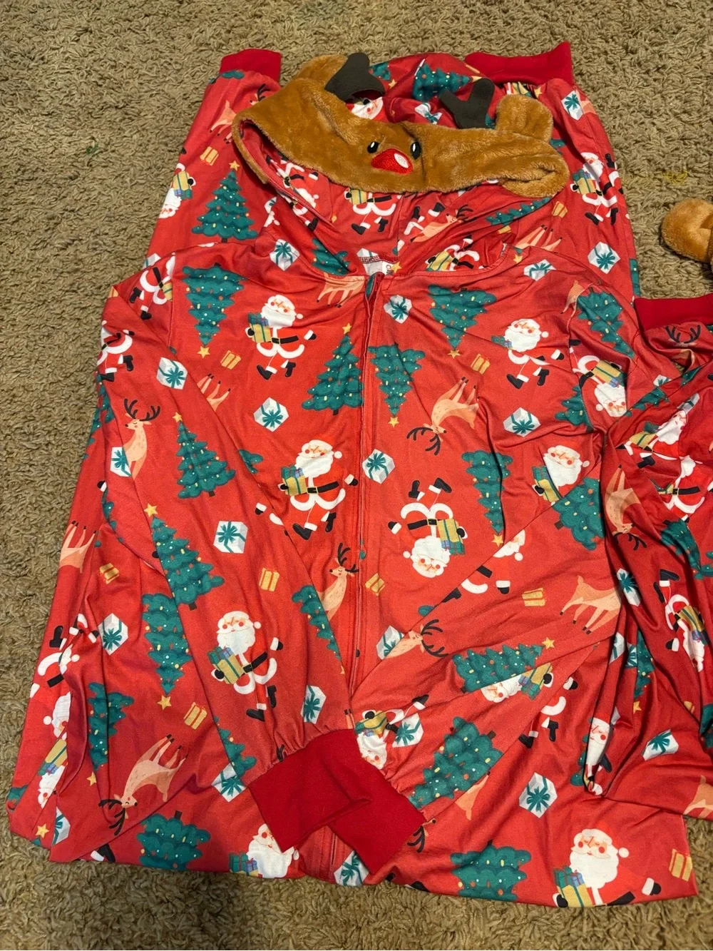 Cozy Mommy and Me Red Reindeer & Santa Holiday Hooded, Zipup Pajama Set